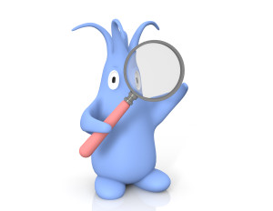 3d rendered little blue Floopi cartoon character holding a magnifying glass in front of his face on white