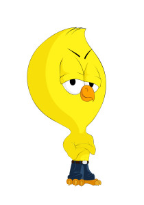 Cartoon chick in pants on white background